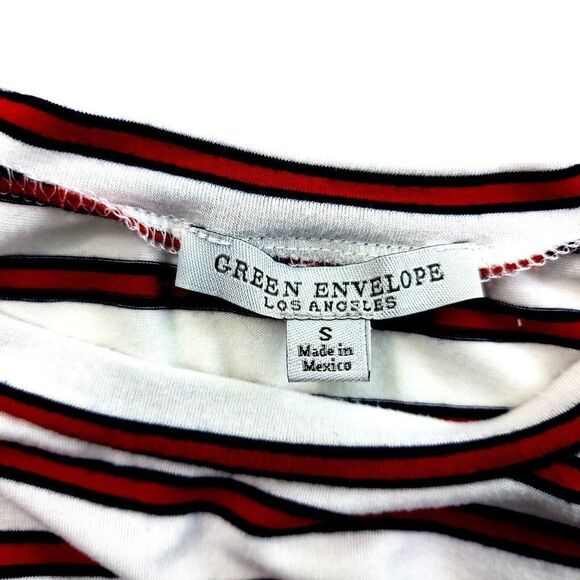 Green Envelope Los Angeles Crew‎ Scoop Neck White Red Striped T-Shirt Small - Picture 3 of 3